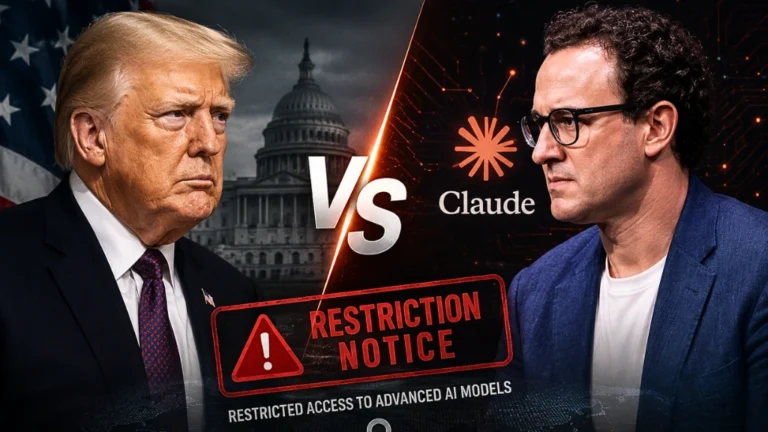The US Government vs Claude AI dispute logo showing the restriction notice for advanced AI models in June 2026.