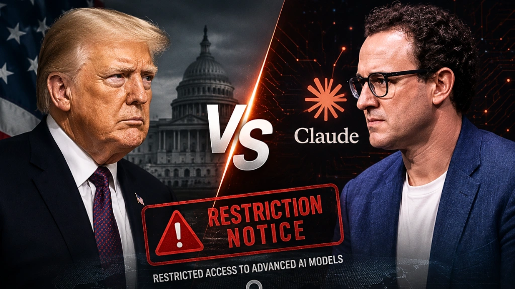 The US Government vs Claude AI dispute logo showing the restriction notice for advanced AI models in June 2026.