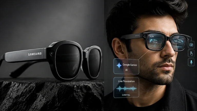 A leaked render showing the sleek, everyday frame design of the upcoming Samsung AI Smart Glass with a camera near the temple.