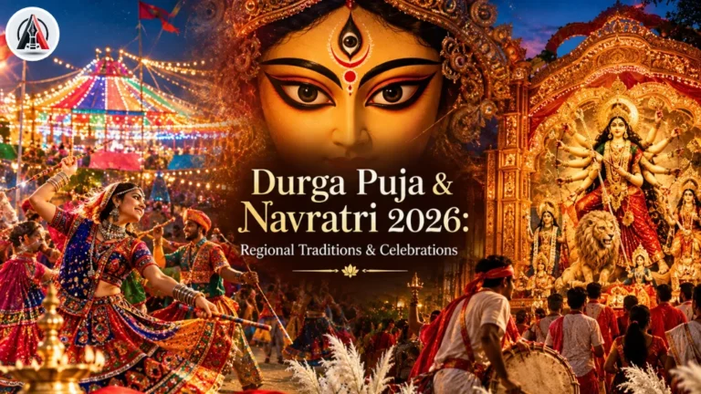Articoli News - Home 21 People participating in regional Navratri celebrations in India, showcasing Gujarat Garba dancing and Kolkata Durga Puja pandals.